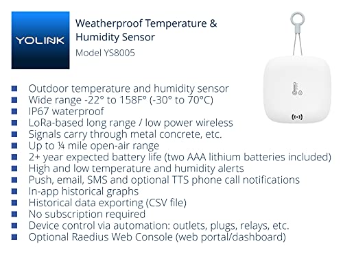 YoLink Smart Outdoor Temperature & Humidity Sensor, Hygrometer, Thermometer, 1000' Long Range, 2 Years Battery Life, Emails, Text/SMS, App Alerts, Alexa, IFTTT Integration. Hub Required!