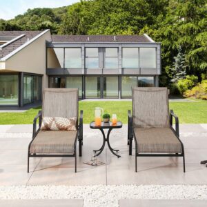 Sports Festival 3 Pcs Chaise Lounge Set of 2 Patio Chairs with Adjustable Backrest in 4 Reclining Levels and 1 Metal Bistro Table with Tempered Glass Top Outdoor Furniture for Poolside