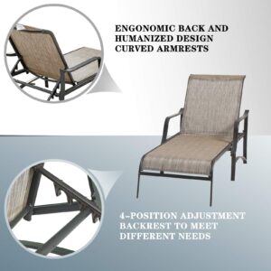 Sports Festival 3 Pcs Chaise Lounge Set of 2 Patio Chairs with Adjustable Backrest in 4 Reclining Levels and 1 Metal Bistro Table with Tempered Glass Top Outdoor Furniture for Poolside