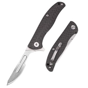 samior s124 flipper scalpel pocket knife compact small with 10 replaceable blades, carbon fiber handle, liner lock pocket clip, utility for edc keychain crafting 1.3oz