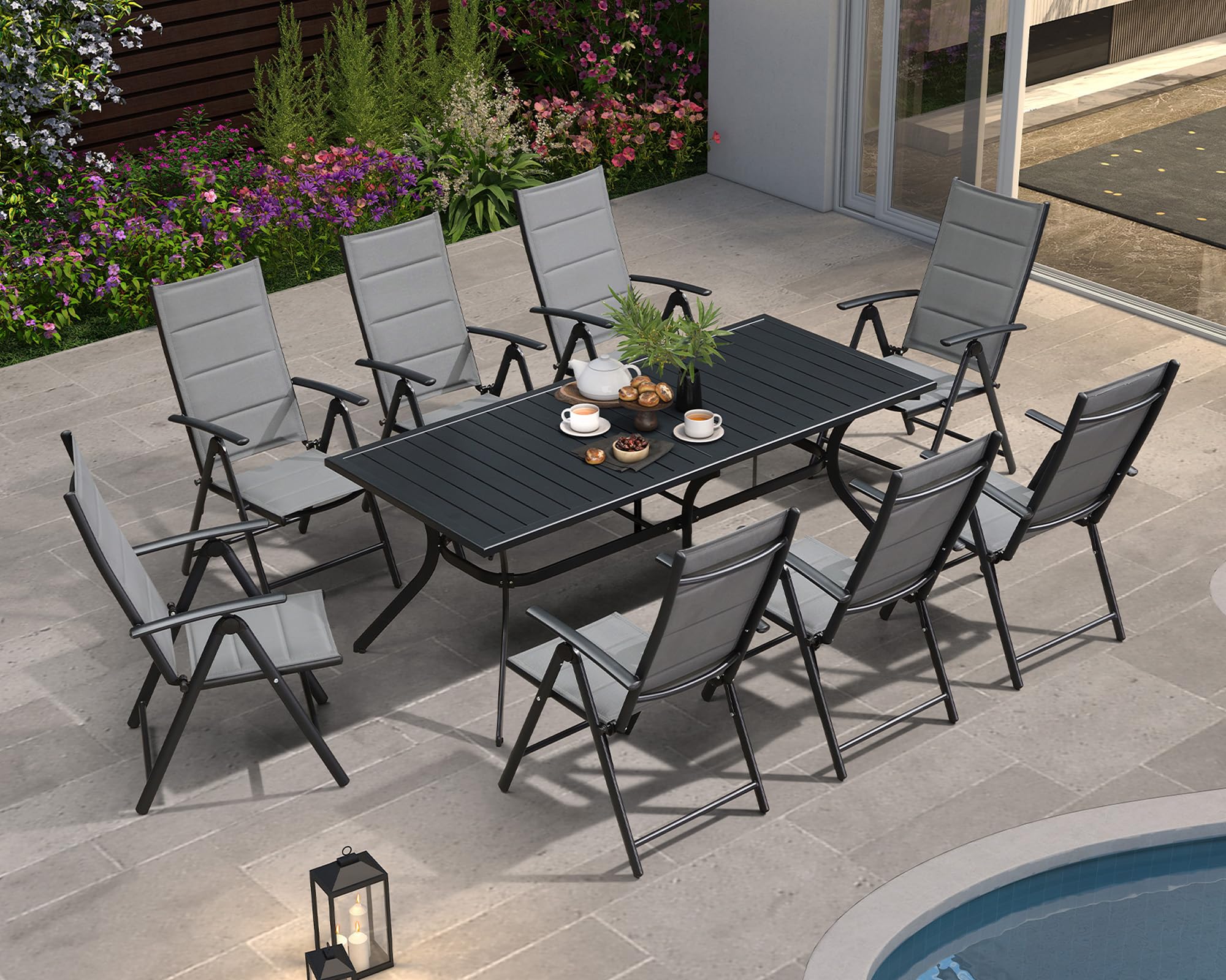 PURPLE LEAF 9 Pieces Outdoor Patio Dining Set with 8 Folding Portable Chairs and 1 Rectangle Aluminum Table, Foldable Adjustable High Back Reclining Chairs with Soft Cotton-Padded Seat, Grey