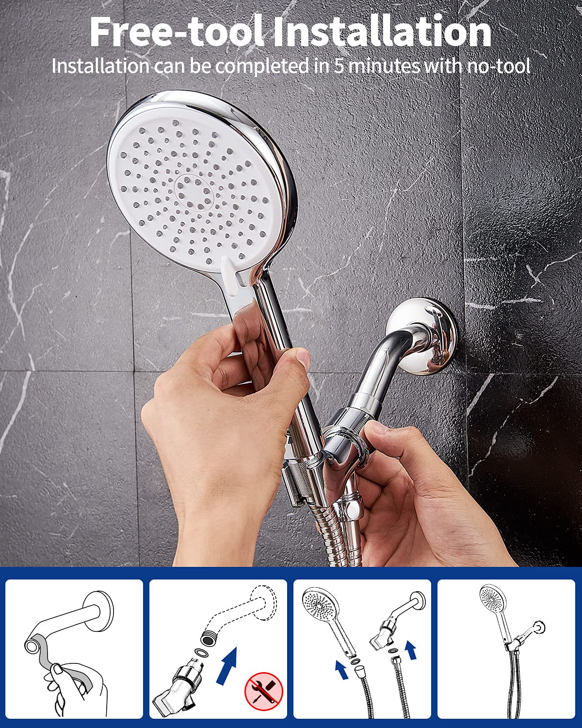 High Pressure Handheld Shower Head VMASSTONE 3-Setting Shower head Kit - Jet Water Mode - with 59" Stainless Hose and Adjustable Mount Excellent Replacement for Bath Showerhead (HM-001 Chrome)