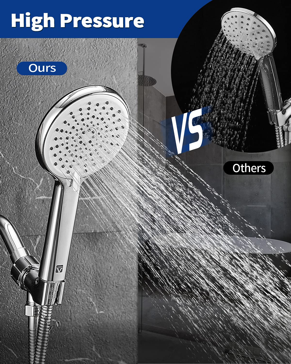 High Pressure Handheld Shower Head VMASSTONE 3-Setting Shower head Kit - Jet Water Mode - with 59" Stainless Hose and Adjustable Mount Excellent Replacement for Bath Showerhead (HM-001 Chrome)