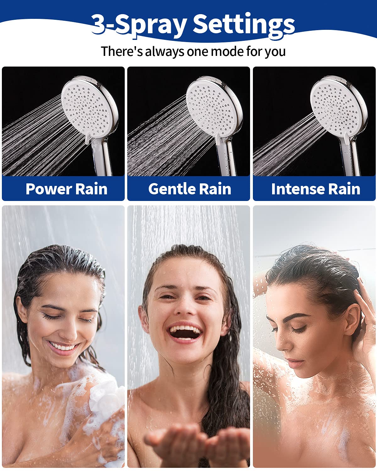 High Pressure Handheld Shower Head VMASSTONE 3-Setting Shower head Kit - Jet Water Mode - with 59" Stainless Hose and Adjustable Mount Excellent Replacement for Bath Showerhead (HM-001 Chrome)