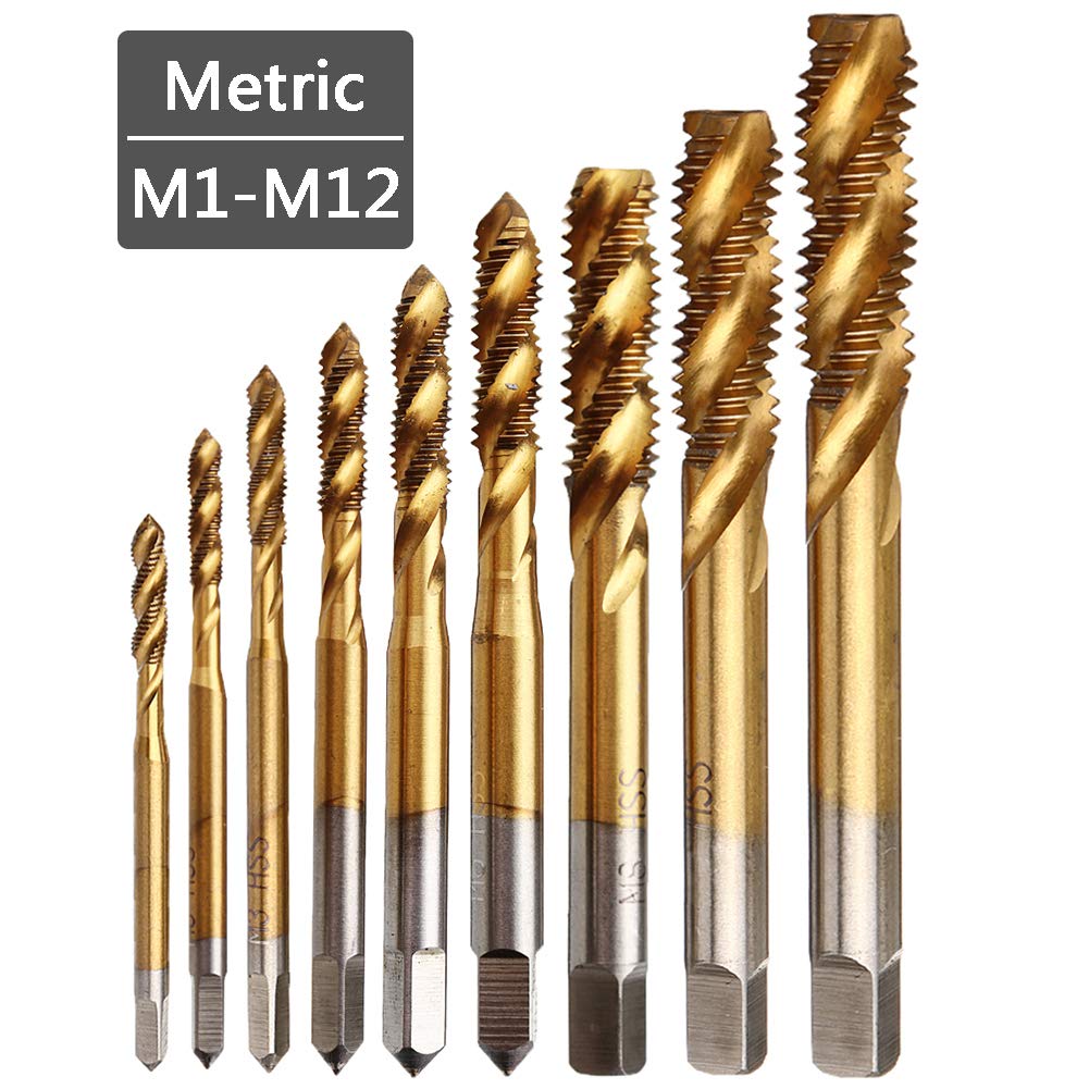 Yakamoz 9pcs Machine Screw Tap Set Titanium Spiral Flute Drill Taps Metric M2 M2.5 M3 M4 M5 M6 M8 M10 M12 Thread Tapping Tool