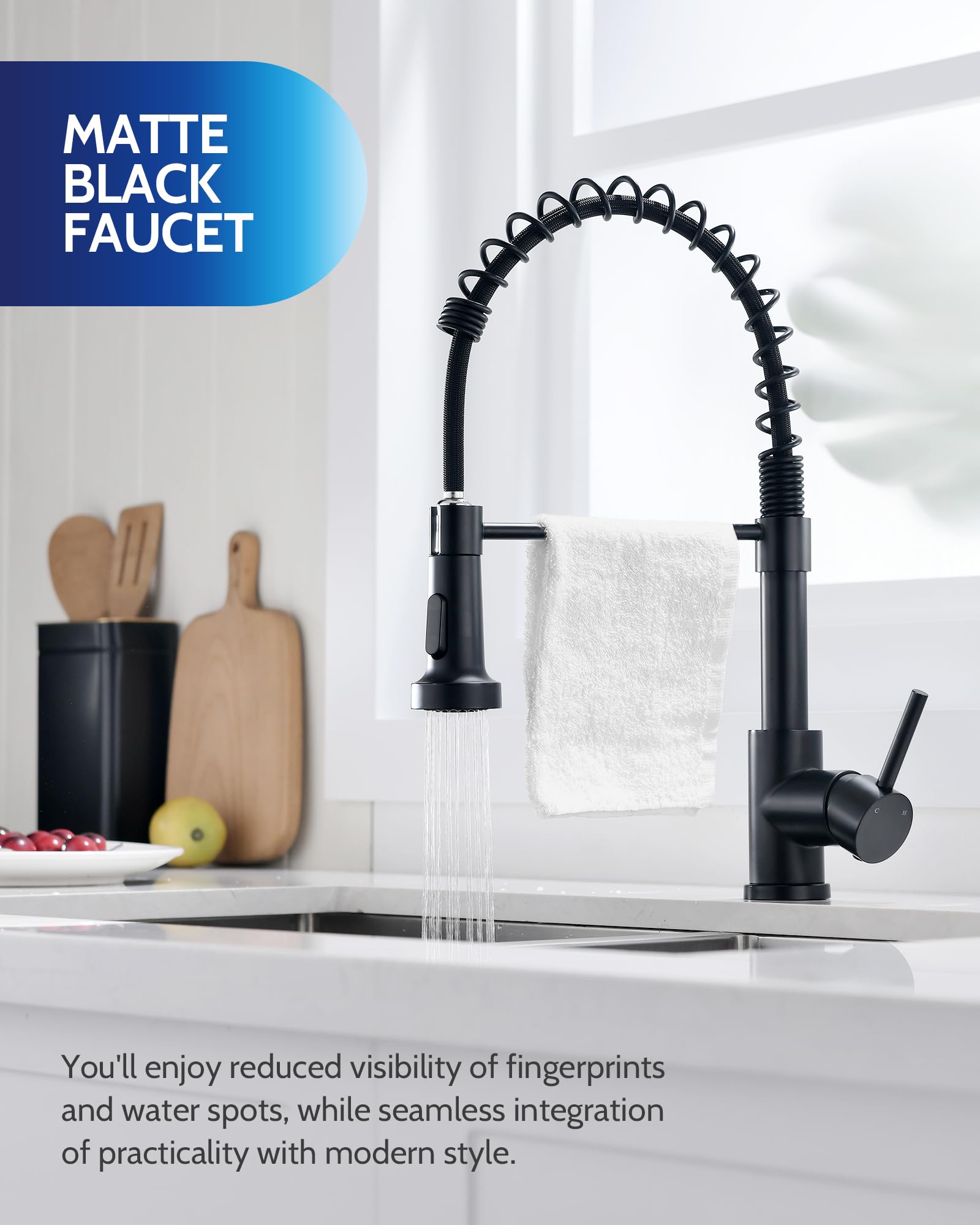 LUFEIDRA Black Kitchen Faucet with Sprayer-High Arc Kitchen Faucets Single Hole 304 Stainless Steel Kitchen Sink Faucet, Efficient Cleaning Faucet for Bar Sink Commercial Modern rv, Matte Black