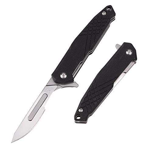 Samior S102 Mini Flipper Scalpel Folding Pocket Knife with 10pcs #24 Replaceable Blade, Flat Texture Contoured G10 Handle with Liner Lock, Utility EDC Keychain Knives, 1.2oz