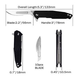 Samior S102 Mini Flipper Scalpel Folding Pocket Knife with 10pcs #24 Replaceable Blade, Flat Texture Contoured G10 Handle with Liner Lock, Utility EDC Keychain Knives, 1.2oz