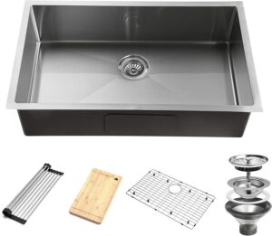 yssoa 32-inch undermount workstation kitchen sink, 20 gauge single bowl stainless steel with 5 accessories (sink + cutting board+bottom grid + drain+dish drying rack), silver