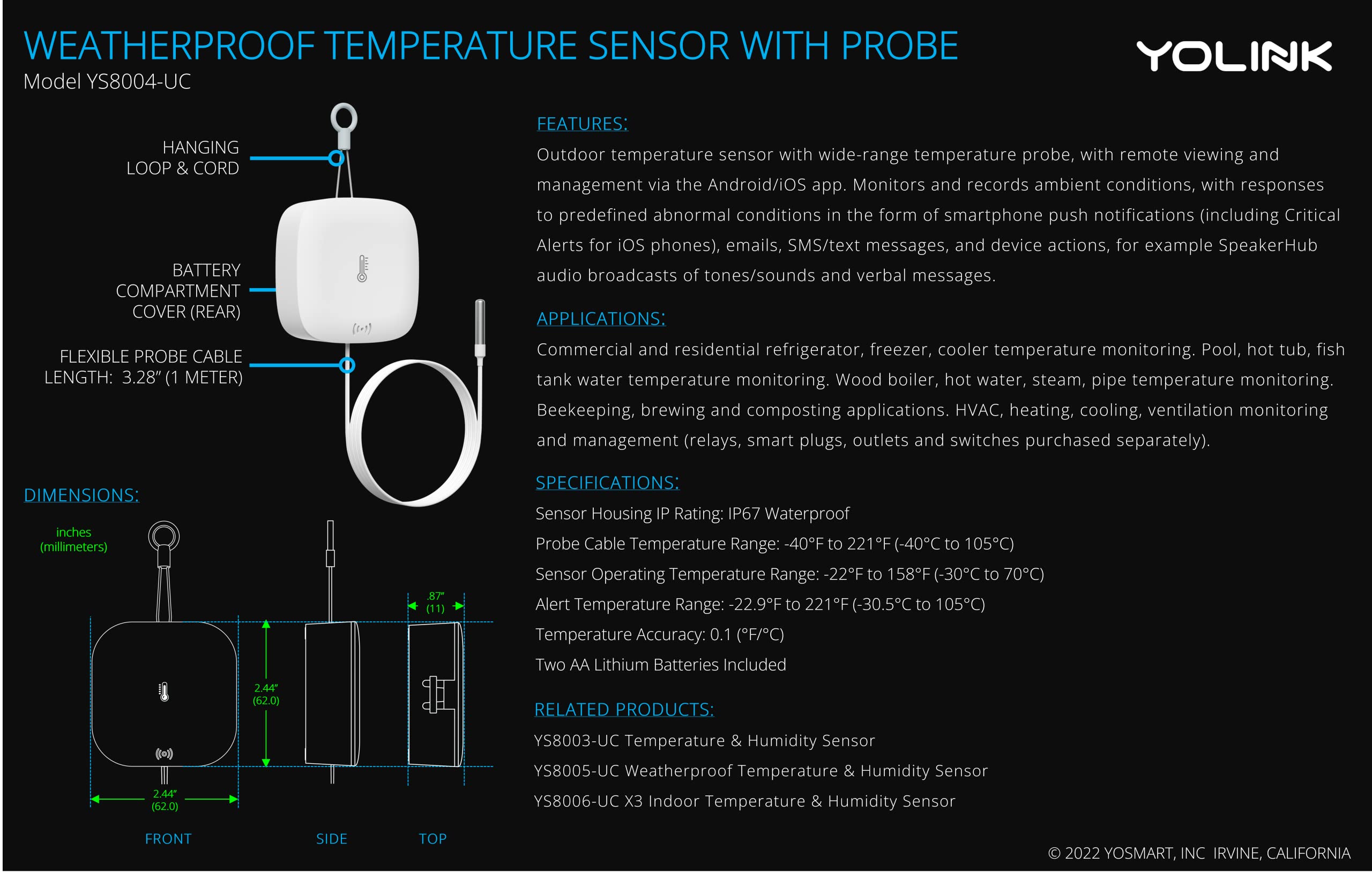 YoLink Weatherproof Fluid, Air, Surface Extreme High/Low Temperature Sensor with Probe, 1/4 Mile Long Range, YoLink Hub Required