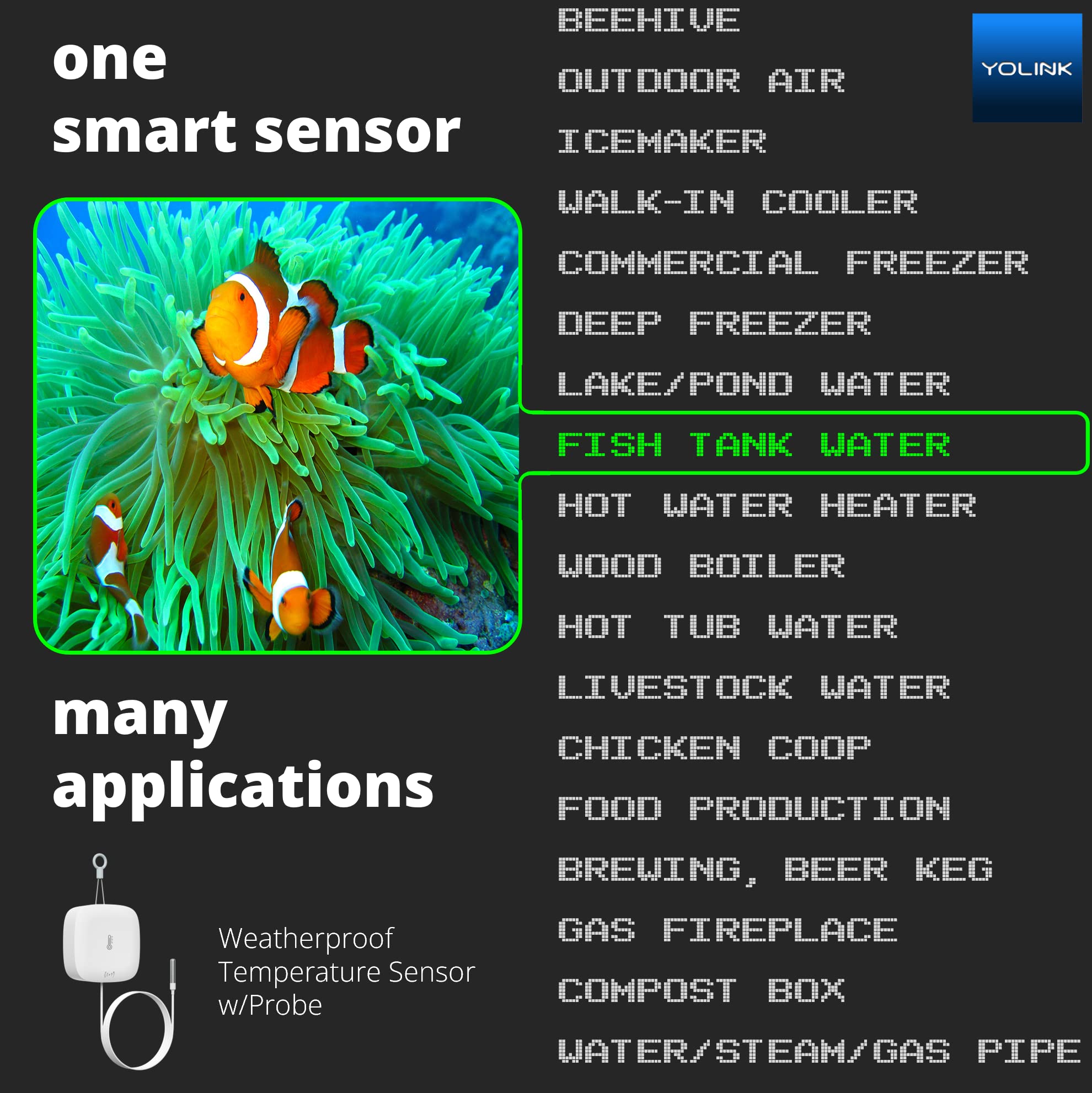 YoLink Weatherproof Fluid, Air, Surface Extreme High/Low Temperature Sensor with Probe, 1/4 Mile Long Range, YoLink Hub Required