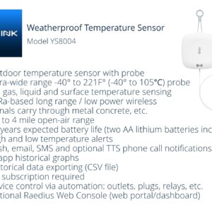 YoLink Weatherproof Fluid, Air, Surface Extreme High/Low Temperature Sensor with Probe, 1/4 Mile Long Range, YoLink Hub Required