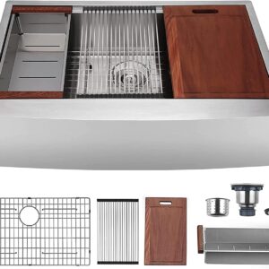 ALWEN 30 x 22 inch Farmhouse Worksation Kitchen Sink, Stainless Steel Farmhouse Apron Front Kitchen Sink, Handmade Modern Apron-front Single Bowl Farm Kitchen Sink with Ledge and Accessories