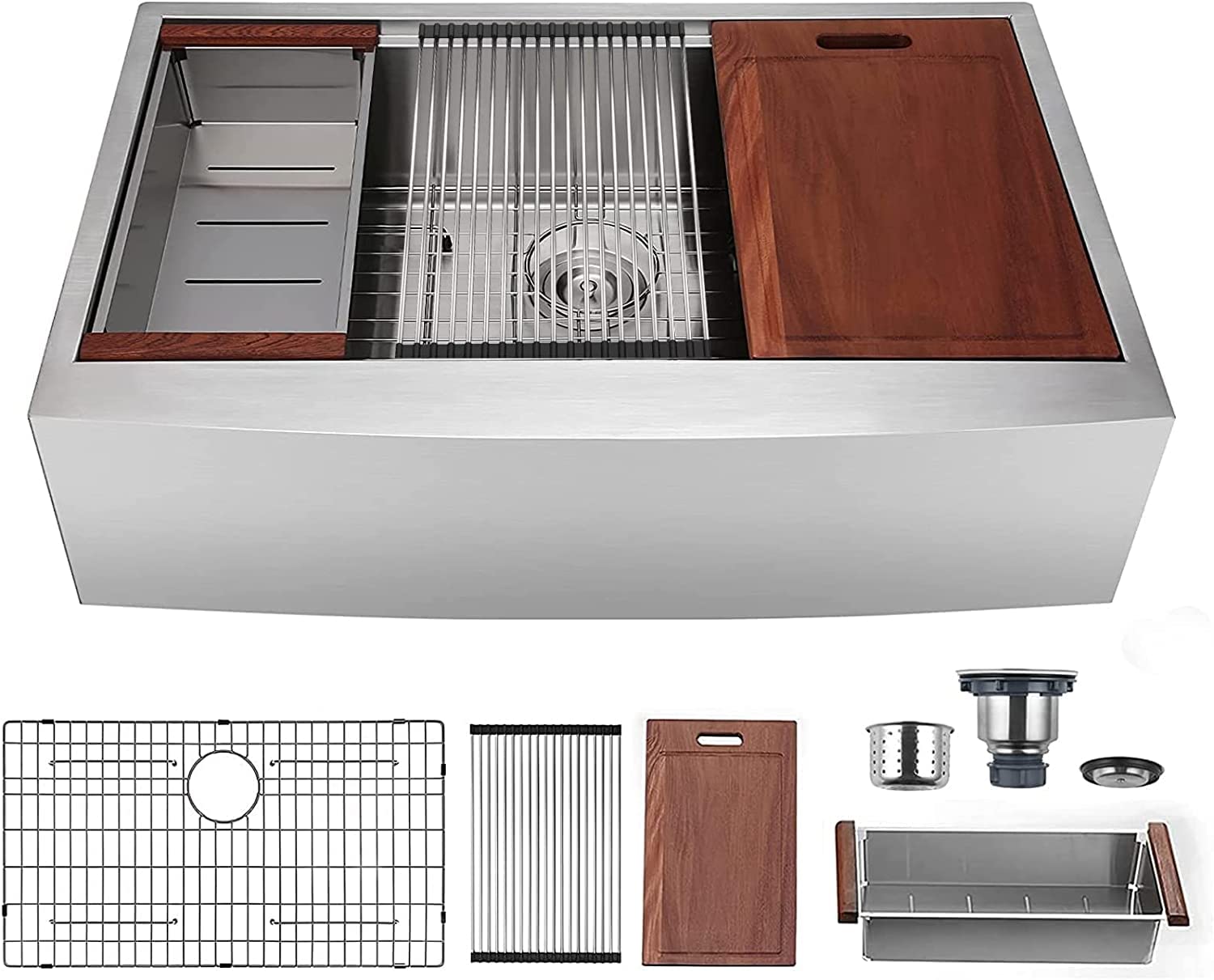 ALWEN 30 x 22 inch Farmhouse Worksation Kitchen Sink, Stainless Steel Farmhouse Apron Front Kitchen Sink, Handmade Modern Apron-front Single Bowl Farm Kitchen Sink with Ledge and Accessories