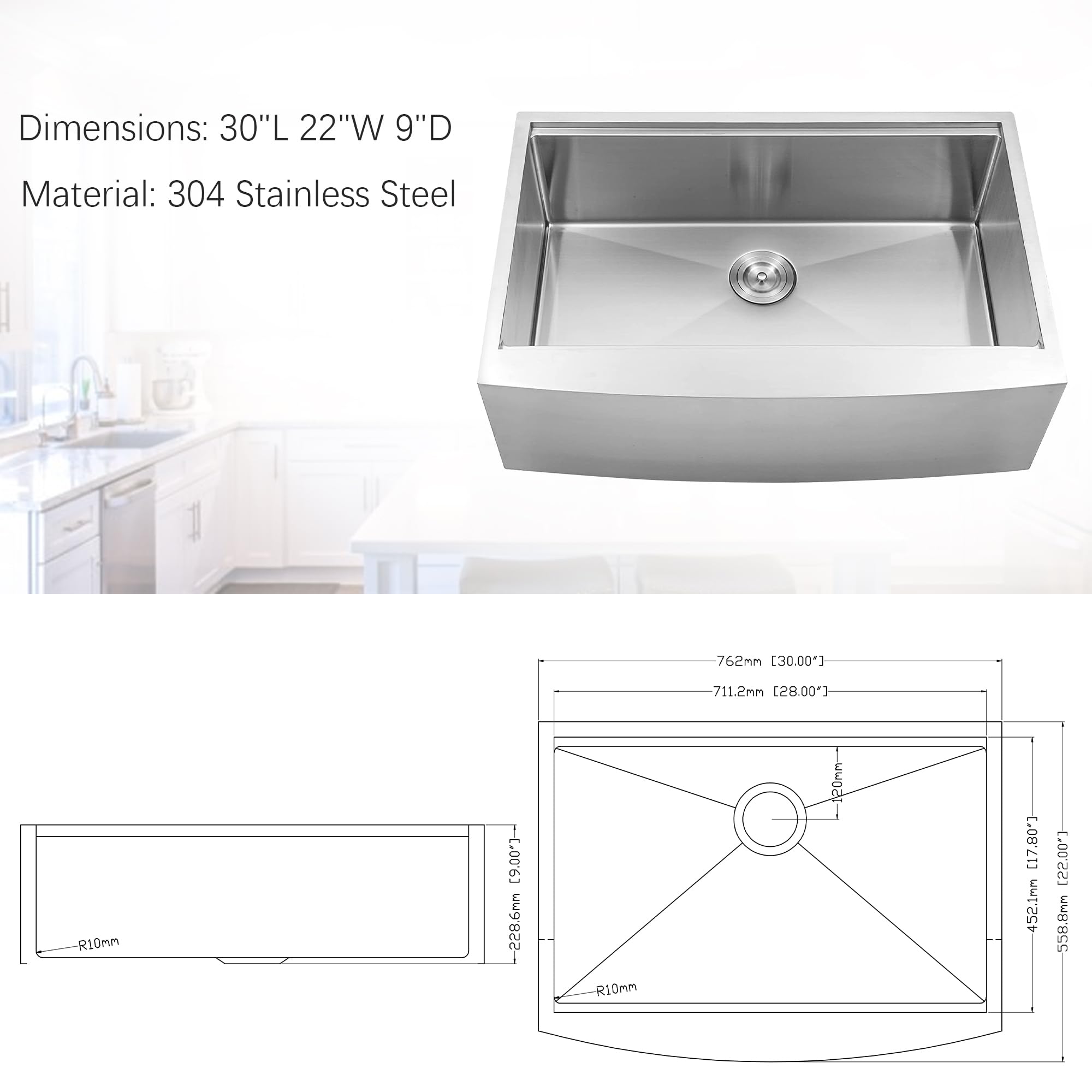 ALWEN 30 x 22 inch Farmhouse Worksation Kitchen Sink, Stainless Steel Farmhouse Apron Front Kitchen Sink, Handmade Modern Apron-front Single Bowl Farm Kitchen Sink with Ledge and Accessories