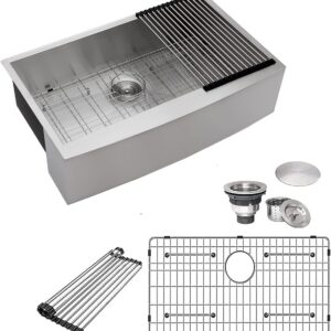 Couoko 33 Inch Farmhouse Sink Apron Front Ledge Workstation 16 Gauge Stainless Steel Single Bowl Farm Farmer Kitchen Sink Deep Basin, 33"x22"x9"