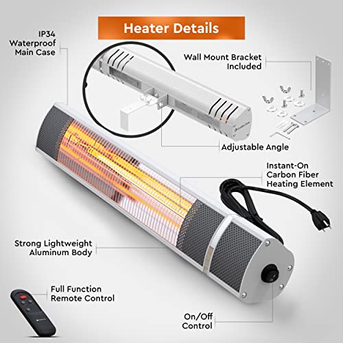 Comfort Zone CZPH20R Outdoor and Indoor Patio Heater - Wall-Mounted Heating Device with Halogen Tube and Adjustable Heat Output - Waterproof Warmer for Residential and Commercial Spaces Black Large