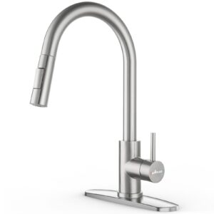 appaso kitchen faucet with pull down sprayer brushed nickel, single-handle high arc swan-neck modern kitchen sink faucet with optional deck plate stainless steel, silver