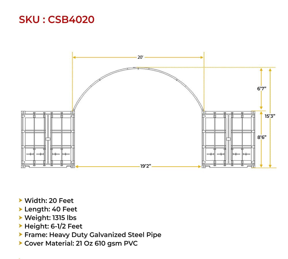 Mytee Products 40'(L) x 20'(W) Shipping Container Canopy Shelter - 21 Oz 610 GSM PVC White Cover Storage Container Roof with No End Walls - Durable & Weather-Resistant