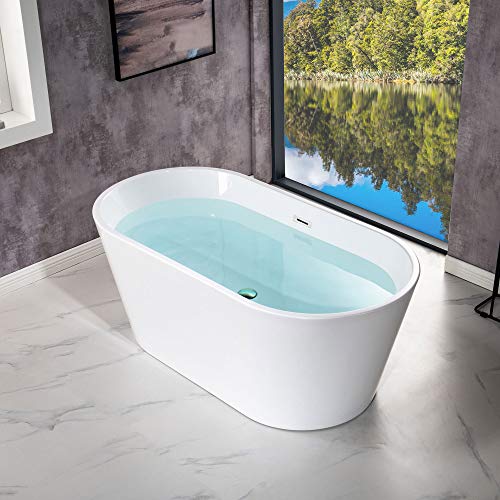 WOODBRIDGE 59" Acrylic Freestanding Bathtub Contemporary Soaking White Tub with Chrome Overflow and Drain，B0014-CH