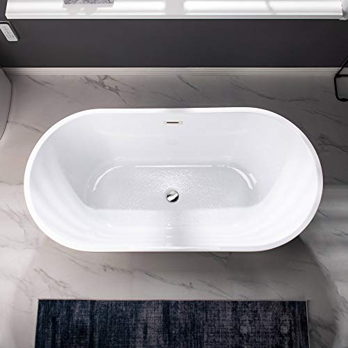 WOODBRIDGE 59" Acrylic Freestanding Bathtub Contemporary Soaking White Tub with Chrome Overflow and Drain，B0014-CH