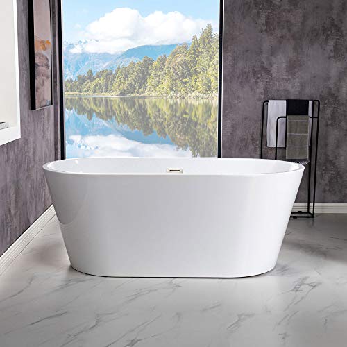 WOODBRIDGE 59" Acrylic Freestanding Bathtub Contemporary Soaking White Tub with Chrome Overflow and Drain，B0014-CH