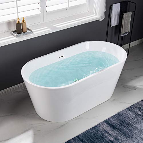 WOODBRIDGE 59" Acrylic Freestanding Bathtub Contemporary Soaking White Tub with Chrome Overflow and Drain，B0014-CH