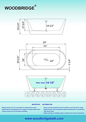 WOODBRIDGE 59" Acrylic Freestanding Bathtub Contemporary Soaking White Tub with Chrome Overflow and Drain，B0014-CH