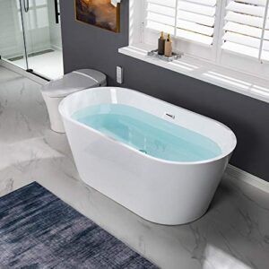 WOODBRIDGE 59" Acrylic Freestanding Bathtub Contemporary Soaking White Tub with Chrome Overflow and Drain，B0014-CH