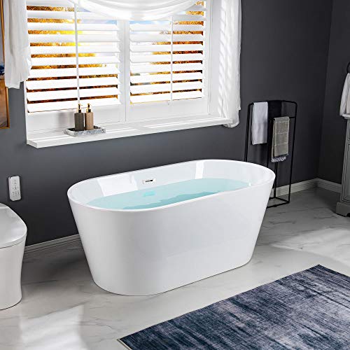 WOODBRIDGE 59" Acrylic Freestanding Bathtub Contemporary Soaking White Tub with Chrome Overflow and Drain，B0014-CH