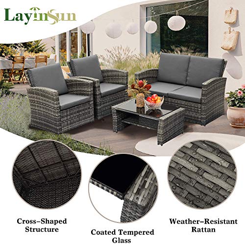 LayinSun 4 Piece Outdoor Patio Furniture Sets, Wicker Conversation Sets, Rattan Sofa Chair with Cushion for Backyard Lawn Garden (Grey)