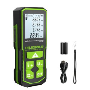 huepar laser distance measure 393ft(120m) with rechargeable battery & dual angle display, laser measure m/in/ft with mute function & multi-measurement modes, pythagorean, distance, area&volume-s120