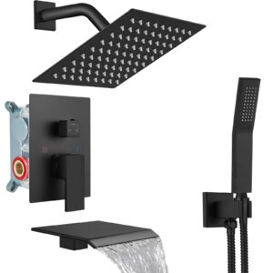 midanya rain shower system tub shower faucet set square rainfall shower head with handheld sprayer and waterfall tub spout rough-in valve shower mixer combo,8 inch matte black