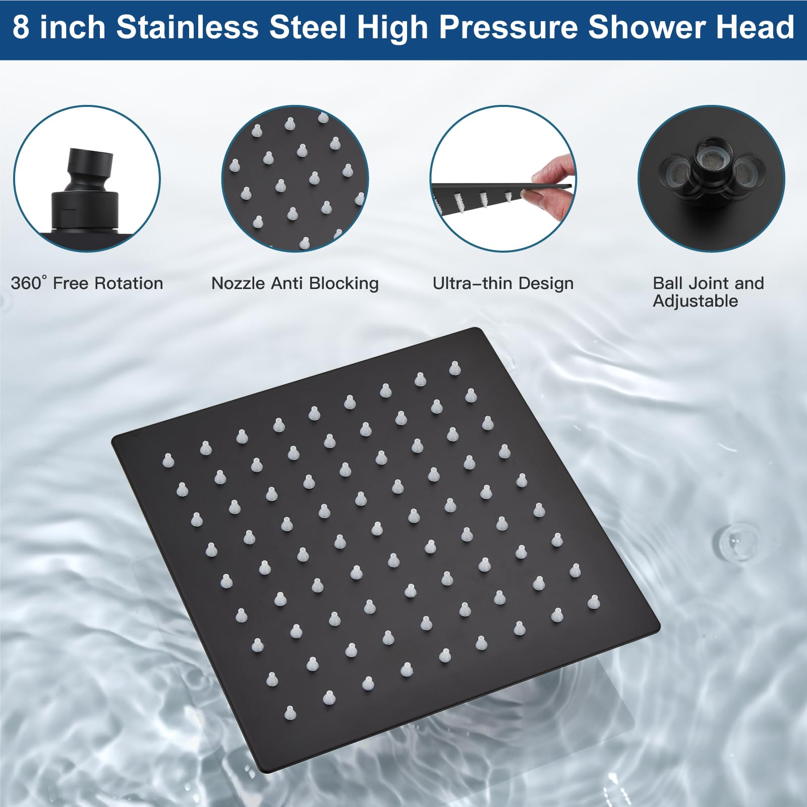 Midanya Rain Shower System Tub Shower Faucet Set Square Rainfall Shower Head with Handheld Sprayer and Waterfall Tub Spout Rough-in Valve Shower Mixer Combo,8 Inch Matte Black