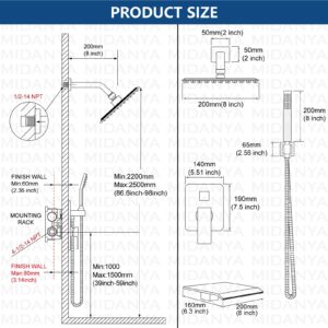 Midanya Rain Shower System Tub Shower Faucet Set Square Rainfall Shower Head with Handheld Sprayer and Waterfall Tub Spout Rough-in Valve Shower Mixer Combo,8 Inch Matte Black