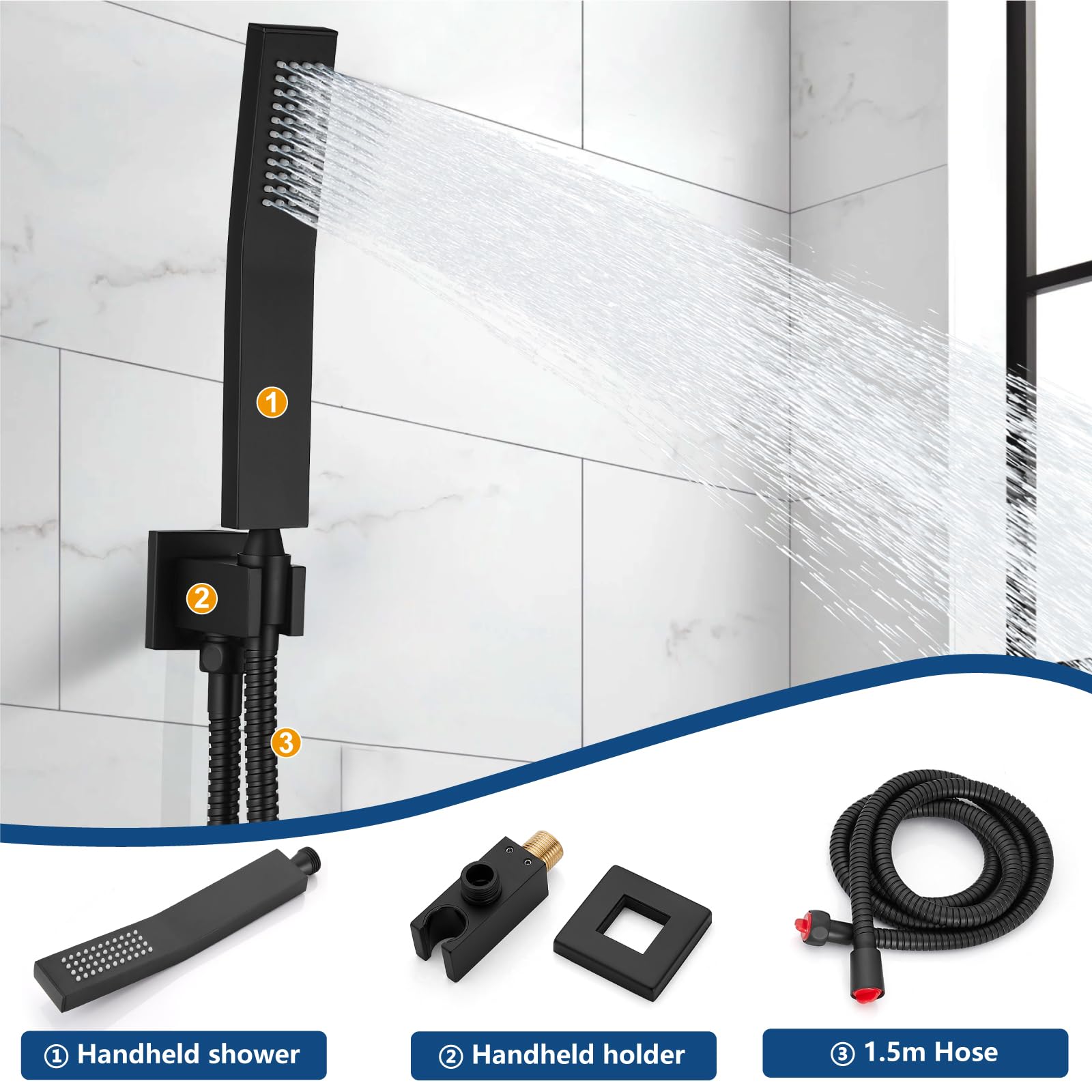 Midanya Rain Shower System Tub Shower Faucet Set Square Rainfall Shower Head with Handheld Sprayer and Waterfall Tub Spout Rough-in Valve Shower Mixer Combo,8 Inch Matte Black