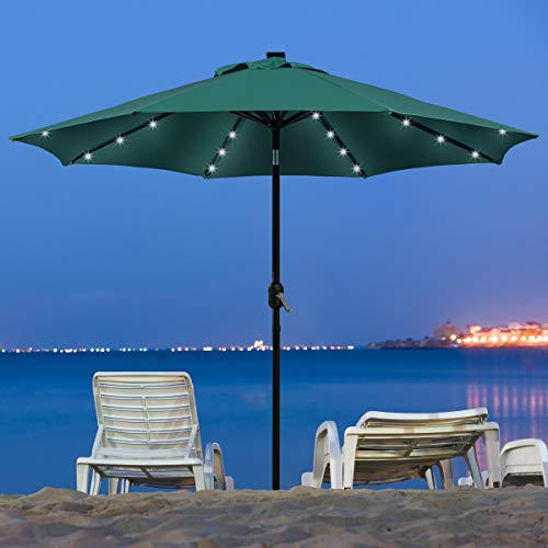 Yaheetech 9FT Patio Umbrella with Solar Lights - UV Protection Market Table Umbrella w/ 32 LED Lights & Push Button Tilt & Crank Lift System for Garden/Lawn/Deck/Backyard/Pool,Dark Green