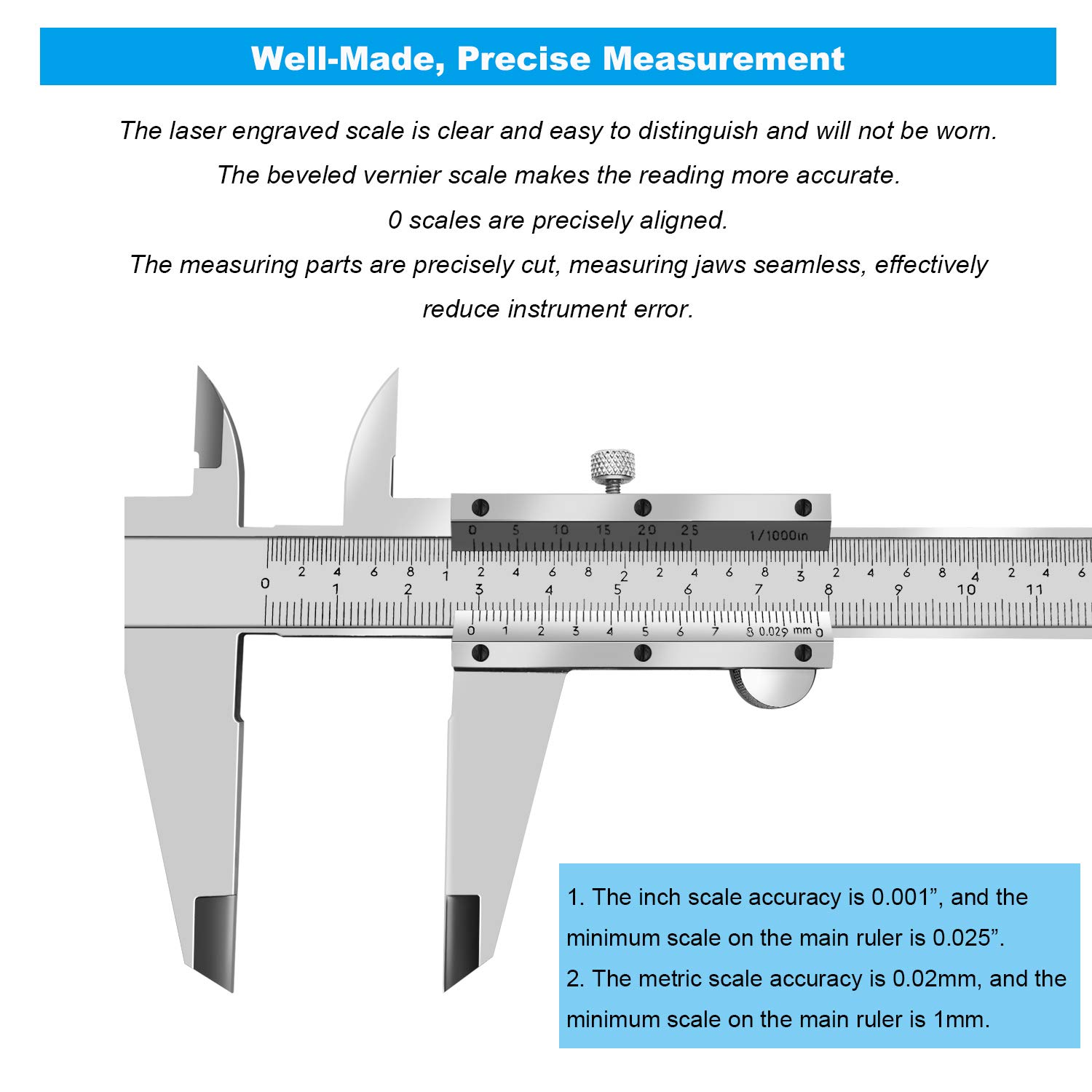 ZLKSKER 8 Inch / 20 cm Micrometer Vernier Caliper, Stainless Steel Precision Measuring Tool (Inch/Metric), Depth/Inside/Outside/Step Measurement, Accuracy 0.001" / 0.02mm