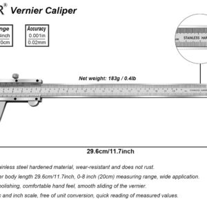 ZLKSKER 8 Inch / 20 cm Micrometer Vernier Caliper, Stainless Steel Precision Measuring Tool (Inch/Metric), Depth/Inside/Outside/Step Measurement, Accuracy 0.001" / 0.02mm