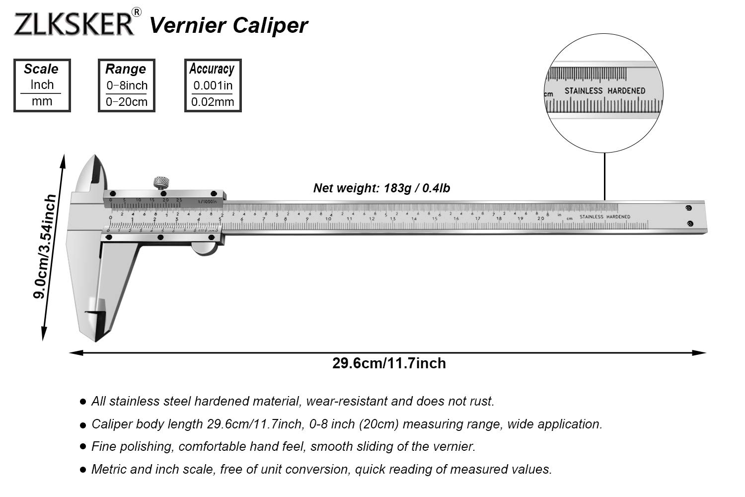 ZLKSKER 8 Inch / 20 cm Micrometer Vernier Caliper, Stainless Steel Precision Measuring Tool (Inch/Metric), Depth/Inside/Outside/Step Measurement, Accuracy 0.001" / 0.02mm