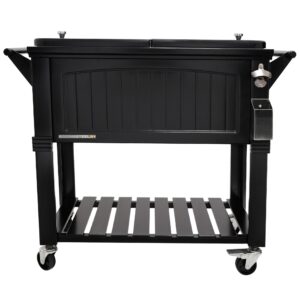 permasteel 80-qt antique patio cooler for outside | outdoor beverage cooler bar cart, rolling cooler with wheels and handles, wooden teak accent, black