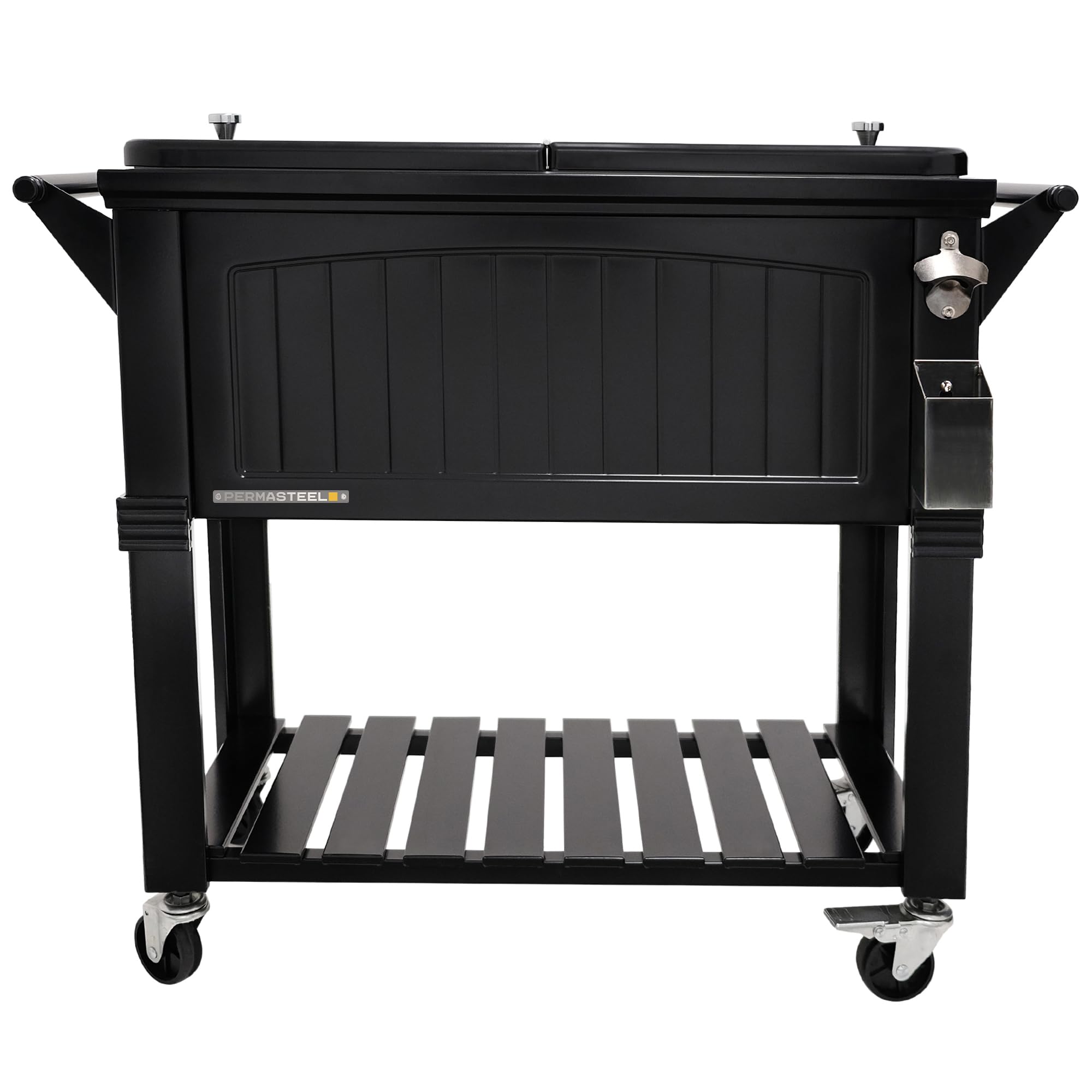 Permasteel 80-Qt Antique Patio Cooler for Outside | Outdoor Beverage Cooler Bar Cart, Rolling Cooler with Wheels and Handles, Wooden Teak Accent, Black