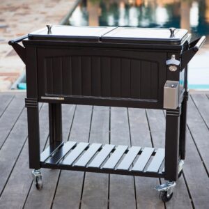 Permasteel 80-Qt Antique Patio Cooler for Outside | Outdoor Beverage Cooler Bar Cart, Rolling Cooler with Wheels and Handles, Wooden Teak Accent, Black