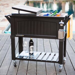 Permasteel 80-Qt Antique Patio Cooler for Outside | Outdoor Beverage Cooler Bar Cart, Rolling Cooler with Wheels and Handles, Wooden Teak Accent, Black