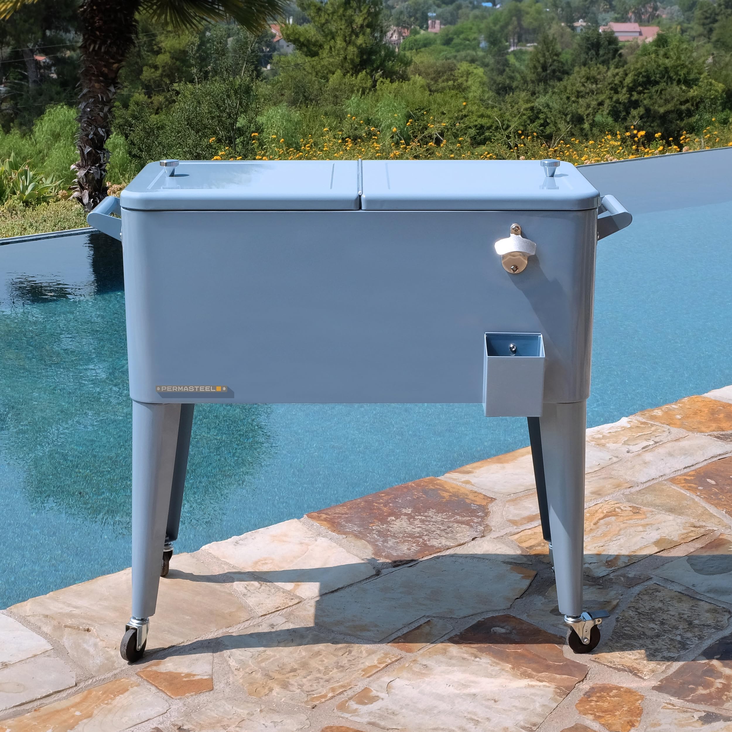 Permasteel 80-Qt Classic Outdoor Patio Cooler for Outside Beverage Rolling Cooler Bar Cart with Wheels & Handles, Retro Design, Blue
