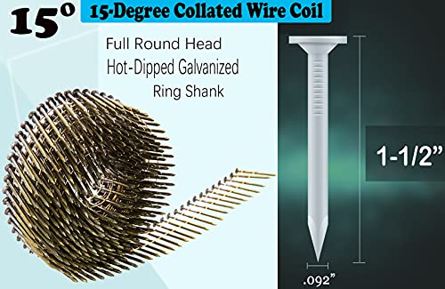 Siding Nails 1-1/2-Inch x .092-Inch 15-Degree Collated Wire Coil, Full RoundHead, Ring Shank Hot-Dipped Galvanized 1600 Count for Rough Nailing of Lathing and Sheathing Materials by BOOTOP