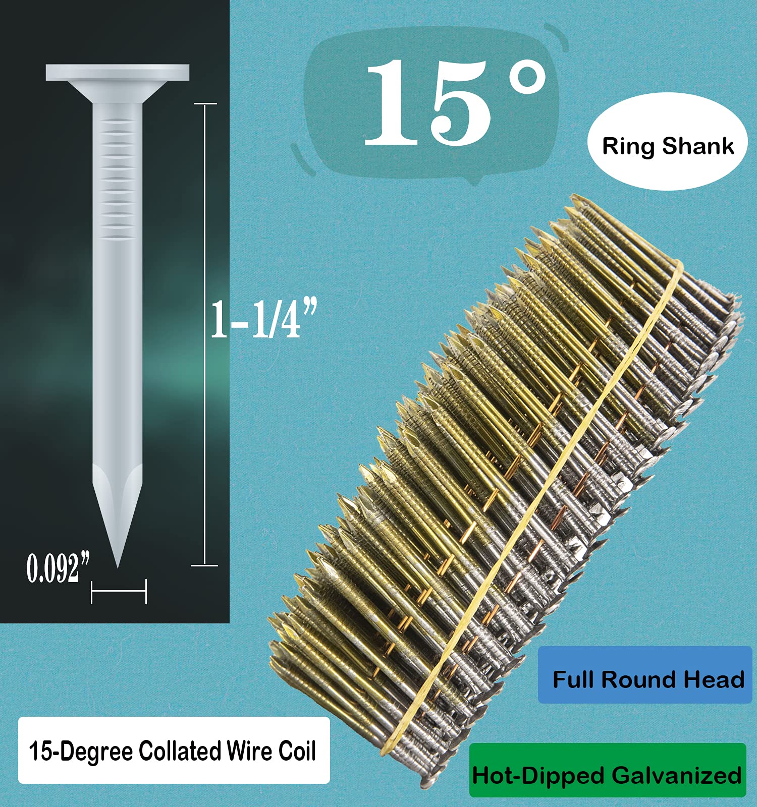 Siding Nails 1-1/4-Inch x .092-Inch, 15-Degree Collated Wire Coil, Full RoundHead, Ring Shank, Hot-Dipped Galvanized, 1600 Count for Rough Nailing of Lathing and Sheathing Materials by BOOTOP