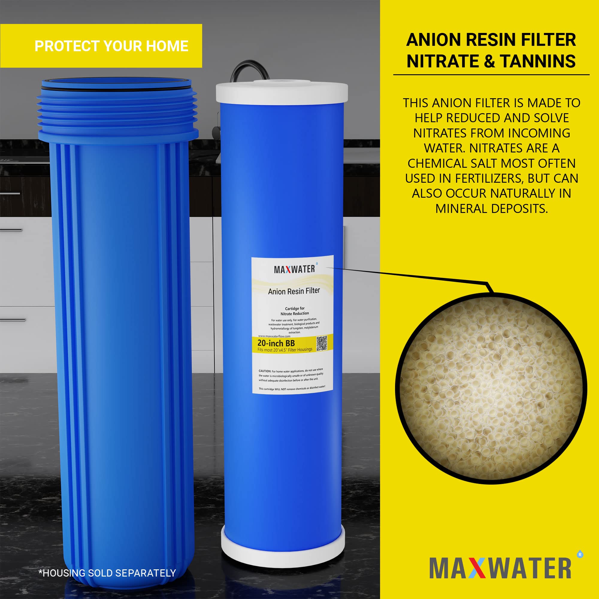 20" BB Nitrate Reducer Filter Set 3 Filters Wound Sediment + Anion + GAC Carbon Nitrate compatible with 20" BB Whole House Systems