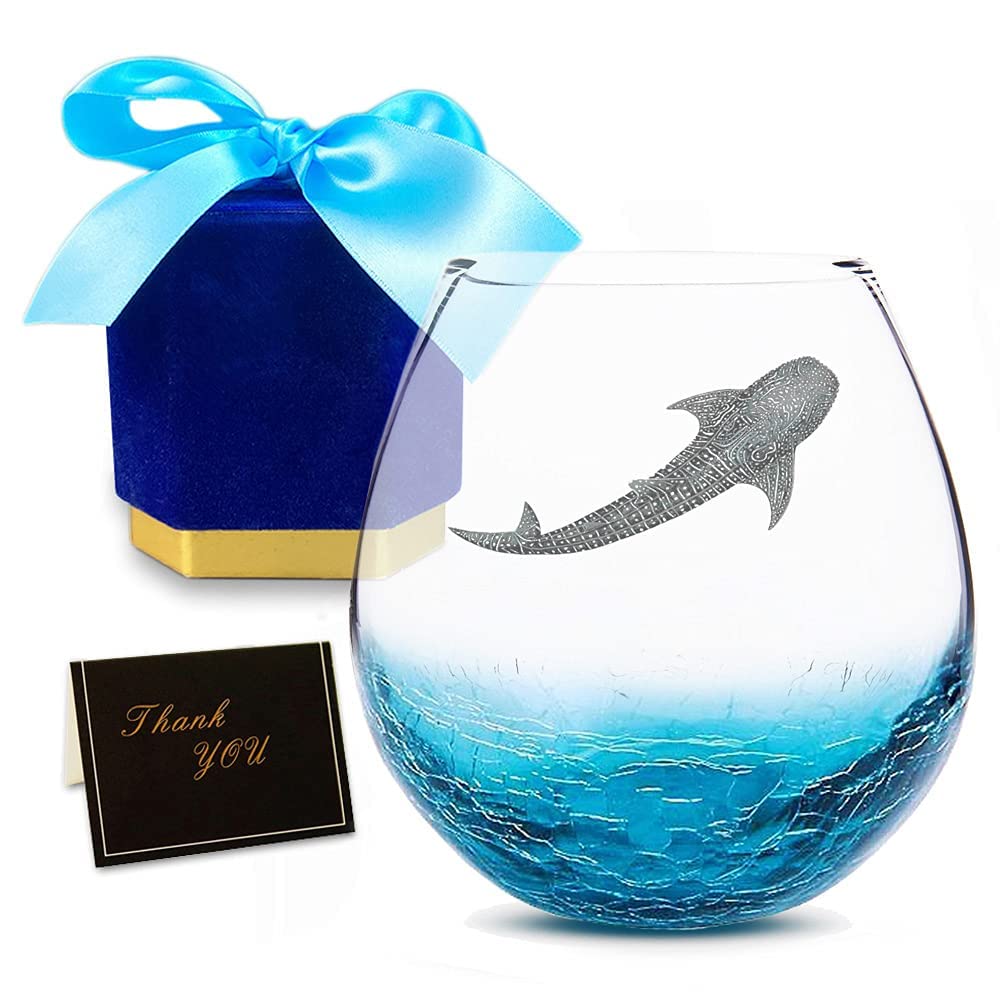 Valentines Day Gifts from Daughter, Whale Shark Handmade Engraved Crackle Stemless Wine Glass 18 Ounces Hawaiian Gifts for Women