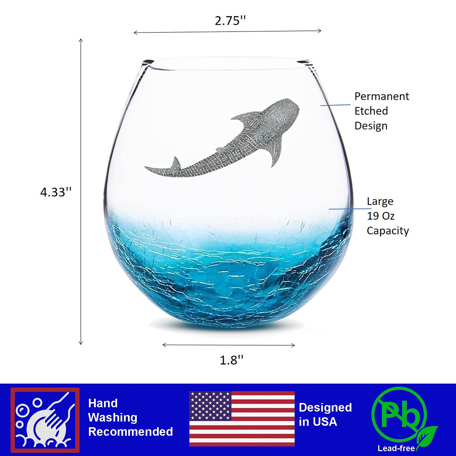 Valentines Day Gifts from Daughter, Whale Shark Handmade Engraved Crackle Stemless Wine Glass 18 Ounces Hawaiian Gifts for Women